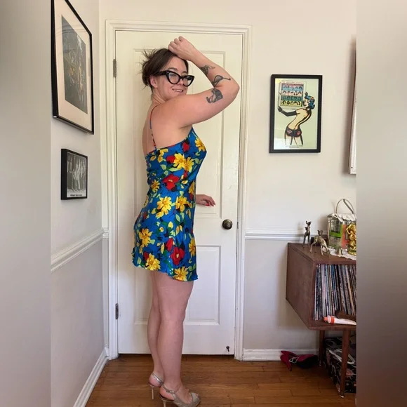 90s Vintage Bright Blue Floral Silk Slip Dress - Picture 3 of 8